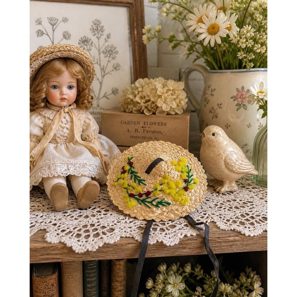 Style Straw Doll Hat Bonnet Hand Embroidered Floral Mini Woven Decor 5" VTG
